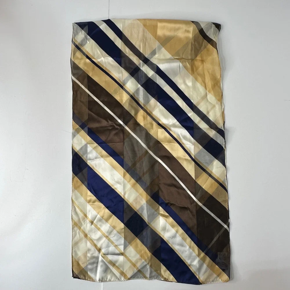 Vtg Talbots 100% Silk Long Scarf Navy Blue Gold Striped Japan Semi Sheer READ